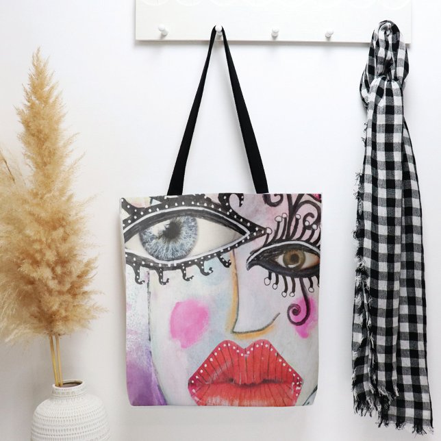 Tote Bag Collage audacieux Quirky Art Graffiti yeux lèvres  (Créateur téléchargé)