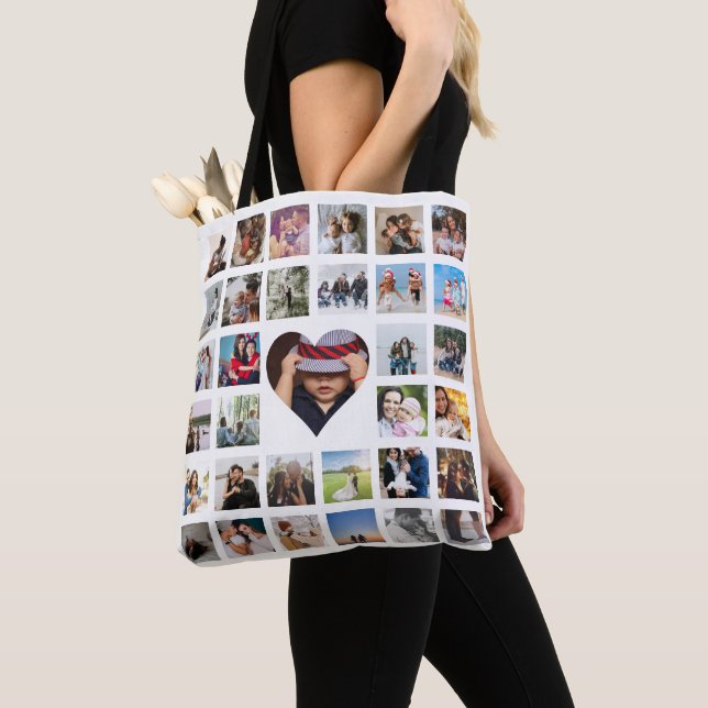 Tote Bag Collage de photos Unique Personnalisé 33 Coeur pho (De près)