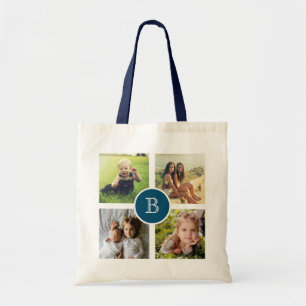Tote Bag Collage de quatre photos avec initial, personnalis