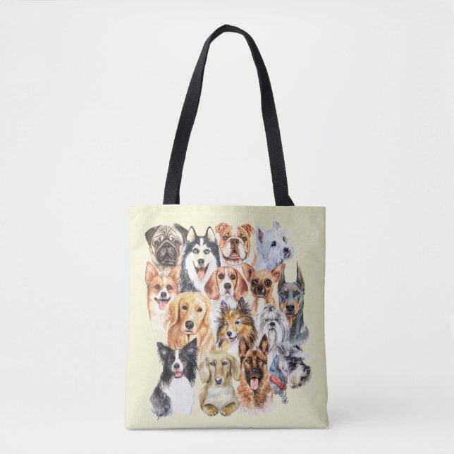 Tote Bag Collage de races de chiens à l'aquarelle  (Devant)