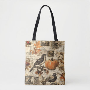 Tote Bag Collage d'éphémères d'automne vintage Oiseaux ru