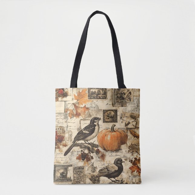 Tote Bag Collage Ephémère d'automne vintage | Oiseaux rusti (Devant)