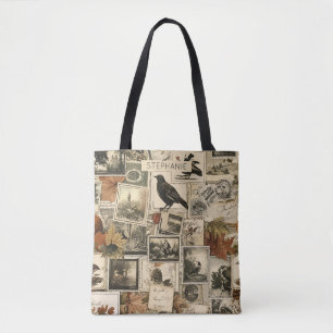 Tote Bag Collage Ephémère d'automne vintage Oiseaux rusti