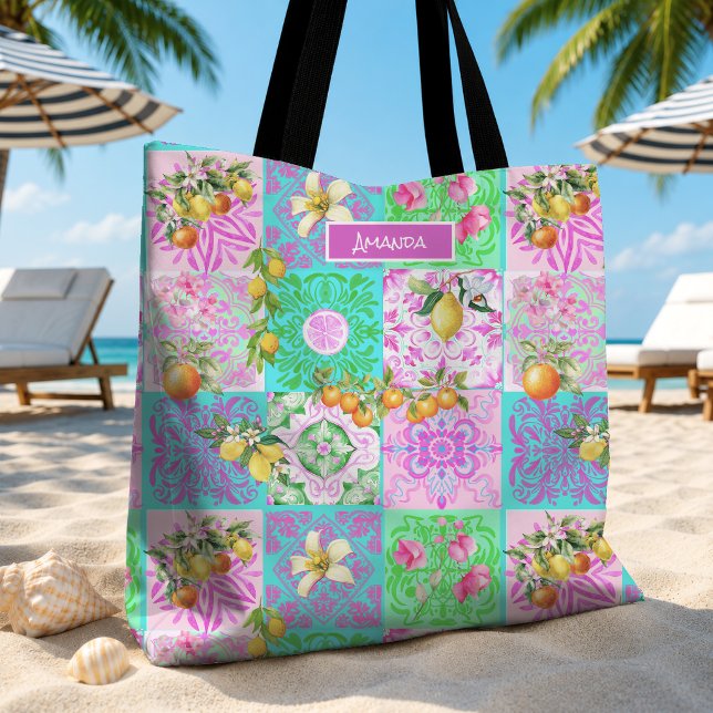 Tote Bag Collage floral carrelage Citrus sicilien rose vibr (Créateur téléchargé)