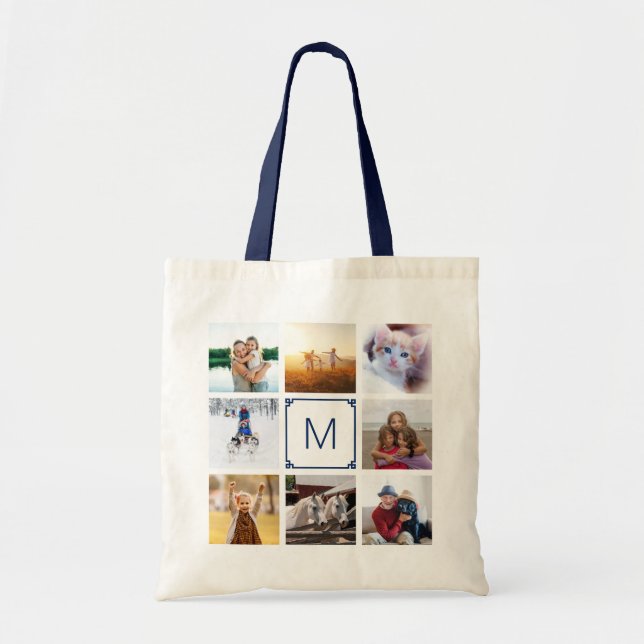 Tote Bag Collage photo de 8 Monogramme à Clés Grecques Navy (Devant)