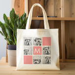 Tote Bag Collage photo de corail et blanc Monogramme person<br><div class="desc">Vous pouvez utiliser des photos Instagram pour cette conception. Utilisez 6 photos carrés pour créer un cadeau unique et personnel. Ou vous pouvez garder le chiot hipster et faire un gardien branché. Si vous avez besoin d'ajuster les images,  cliquez sur l'outil personnaliser pour apporter des modifications.</div>