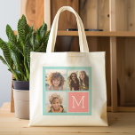 Tote Bag Collage photo de la menthe et du corail Monogramme<br><div class="desc">Utilisez 3 photos carrés pour créer un cadeau unique et personnel. Ou vous pouvez garder le chiot hipster et faire un gardien branché. Si vous avez besoin d'ajuster les images,  cliquez sur l'outil personnaliser pour apporter des modifications.</div>