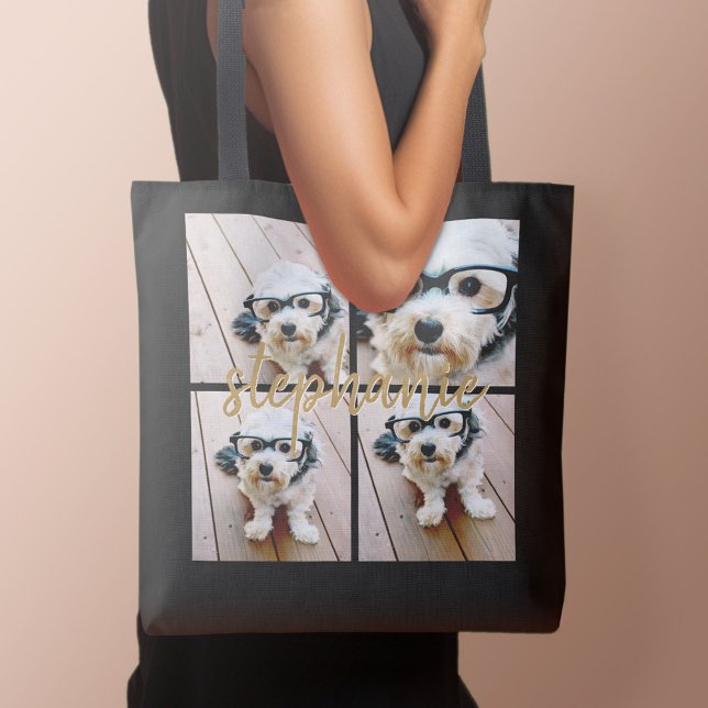 Tote Bag Collage photo minimal 4 - Noir - Texte écriture do (Personalized tote bag with photo and text)