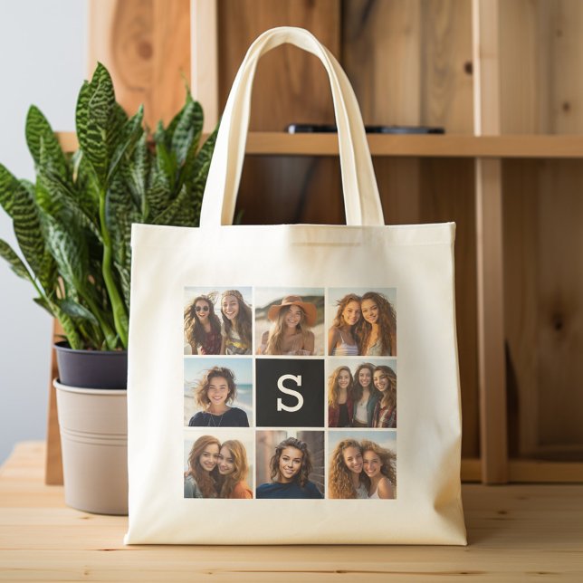 Tote Bag Collage photo noir et blanc Monogramme personnalis (Personalized tote bag - photo collage and monogram)