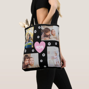 Tote Bag Collage photo personnalisé pour maman noir Fourre-