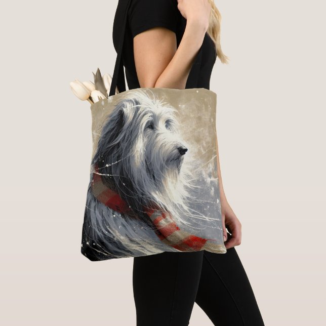 Tote Bag Collie À Poils Avec Écharpe D'Hiver À Rayures (De près)