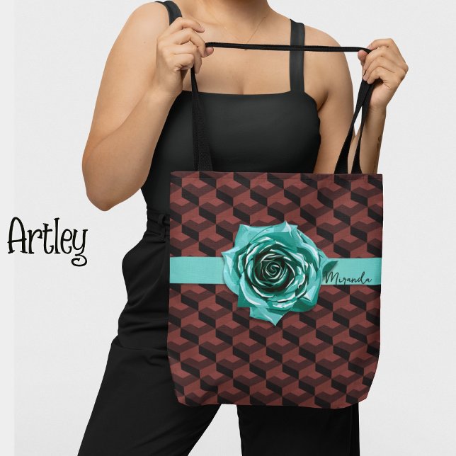 Tote Bag Collier de rose géométrique rétro moderne avec nom (Créateur téléchargé)