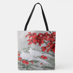 Tote Bag Colombes blanches vintages et feuille rouge sur le