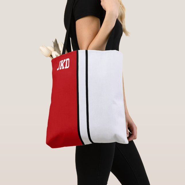 Tote Bag Colonnes de collège Monogramme rouge et blanc (De près)