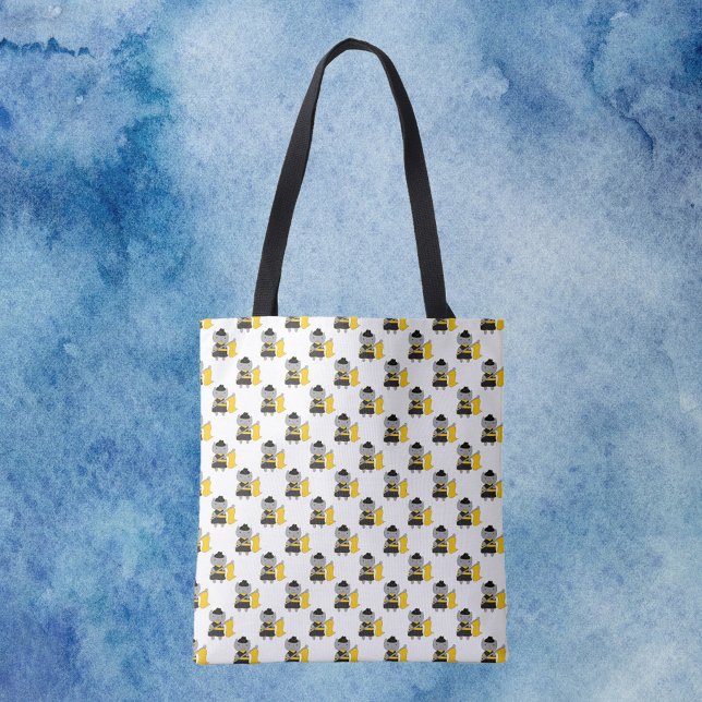 Tote Bag Color Guard Gray Cat Black Yellow Pattern (A tote bag with a pattern of gray cats in a black & yellow color guard uniform.)