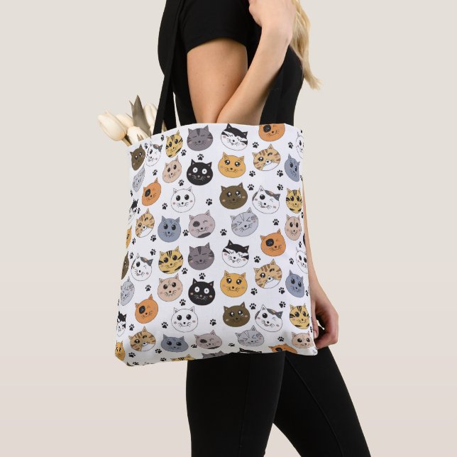 Tote Bag Coloré Cute Funny Chats & Motif Paw (De près)