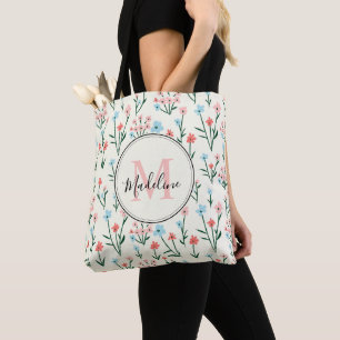 Tote Bag Coloré Floral Ivoire Blanc Élégant Monogramme rose