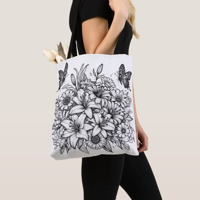 Tote Bag Colorez votre propre papillon floral Fleur (De près)