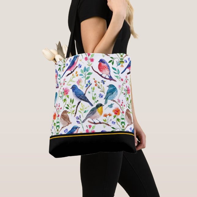 Tote Bag Colorful Birds & Whimsical Flowers Pattern (De près)