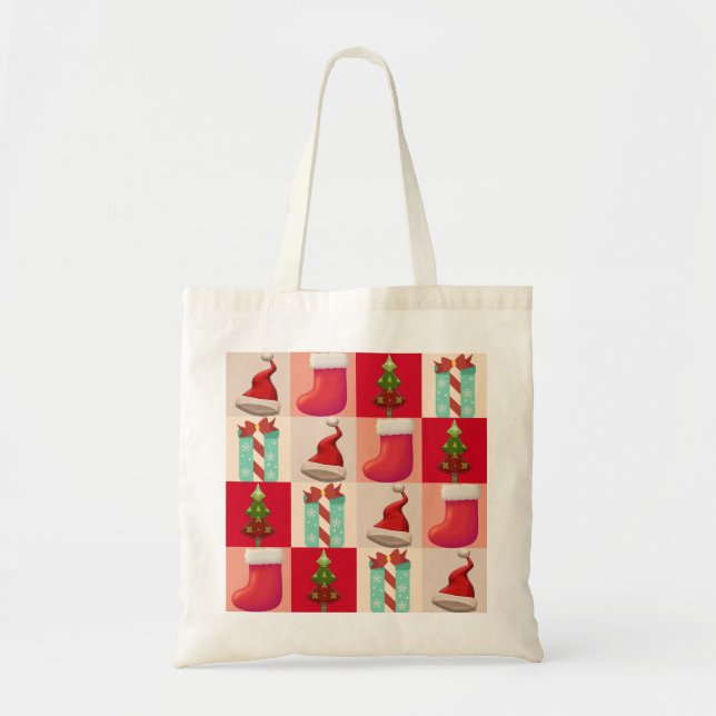 TOTE BAG COLORFUL CHRISTMAS PRESENTS SANTA CANDY  TREE (Devant)