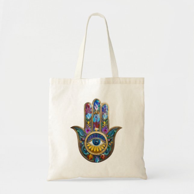 Tote Bag Colorful Petals Leaves Hamsa Sapphire Third Eye (Devant)