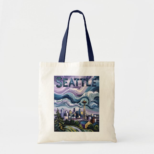 Tote Bag Colorful Seattle Skyline Van Gogh Cityscape Travel (Devant)