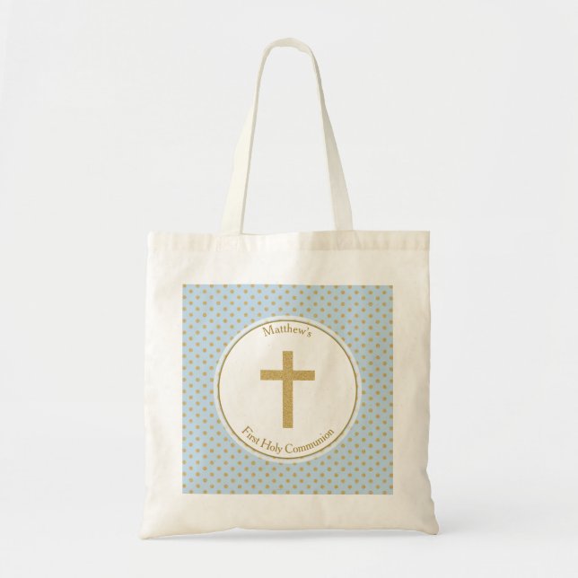 Tote Bag Communion bleu avec Pois d'or (Devant)