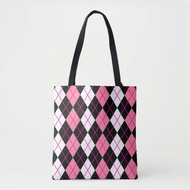 Tote Bag Conception de diamant en argyle rose noir blanc  (Devant)
