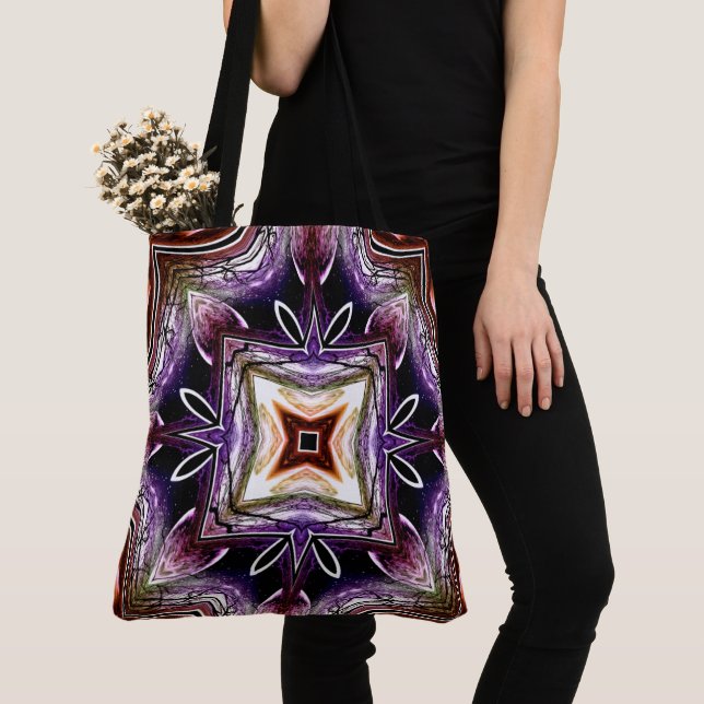 Tote Bag Conception de kaléidoscope cosmique violet et oran (De près)