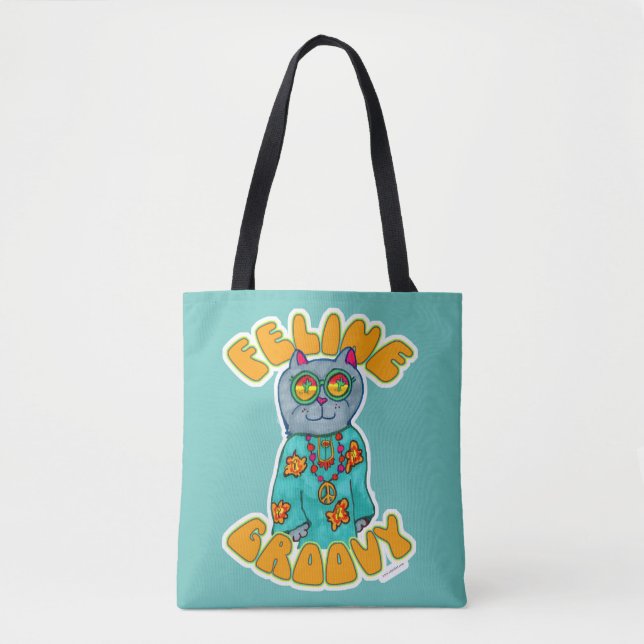Tote Bag Conception de marqueur de chat hippie groovy félin (Devant)