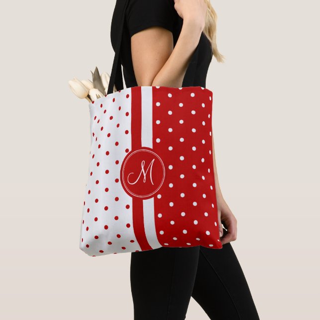 Tote Bag Conception de points Polka rouges et blancs (De près)