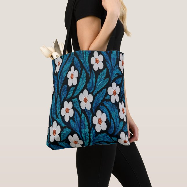 Tote Bag Conception florale blanche et bleue (De près)