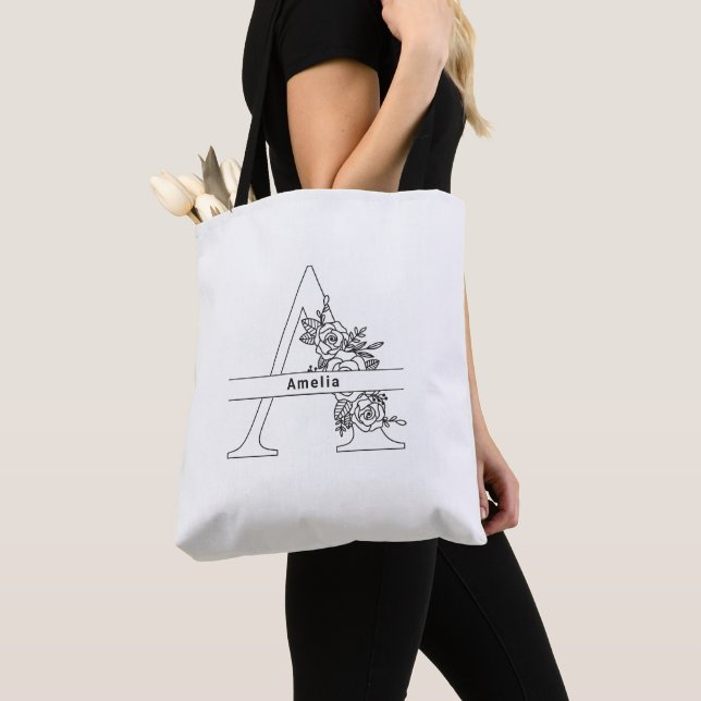 Tote Bag Conception Florale Nom Personnalisé Initiale A (De près)