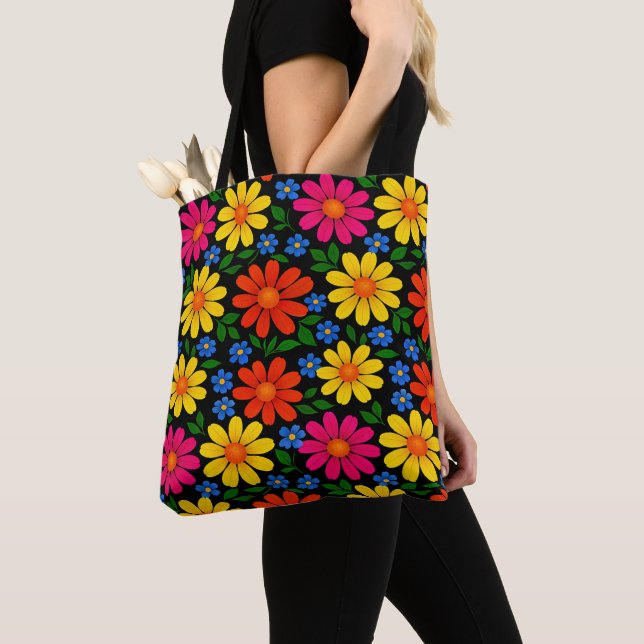 Tote Bag Conception florale orange, rouge, rose, jaune (De près)