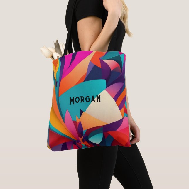 Tote Bag Conception géométrique colorée, nom ou monogramme (De près)