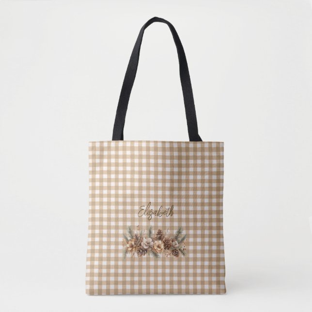 Tote Bag Cônes de pin automnaux rustiques Gingham marron Pe (Devant)