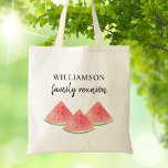 Tote Bag Conservation de la réunion familiale<br><div class="desc">Cette Fourre-tout Family Reunion est décorée de pastèques d'été aquarelles. Facile à personnaliser. Utilisez l'outil de conception pour modifier la taille,  le style ou la couleur du texte. En créant notre oeuvre,  vous ne trouverez pas cette image exacte d'autres créateurs. Aquarelle originale © Michele Davies.</div>