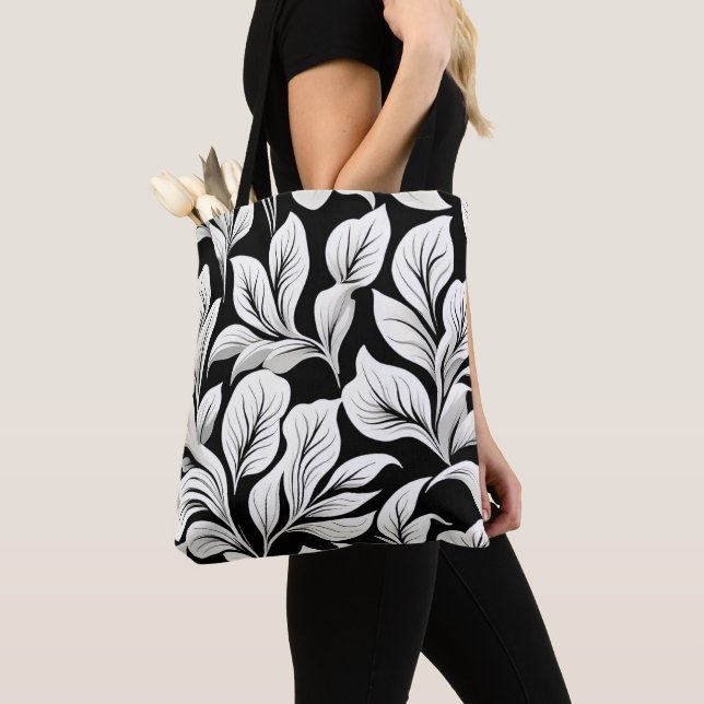 Tote Bag Contemporain Waldorf Feuille Motif noir blanc gris (De près)