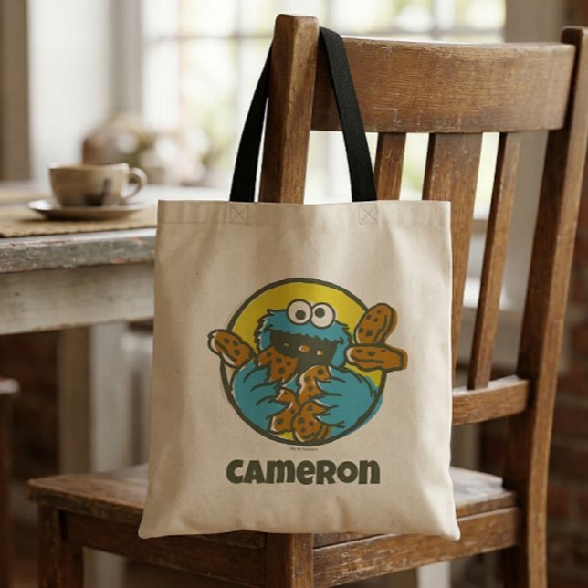 Tote Bag Cookie Monster Retro (Generated image of tote bag on chair)