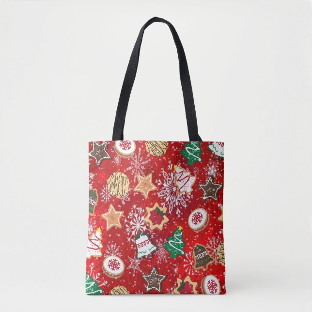 Tote Bag Cookies de Noël et flocons de neige en rouge (Devant)