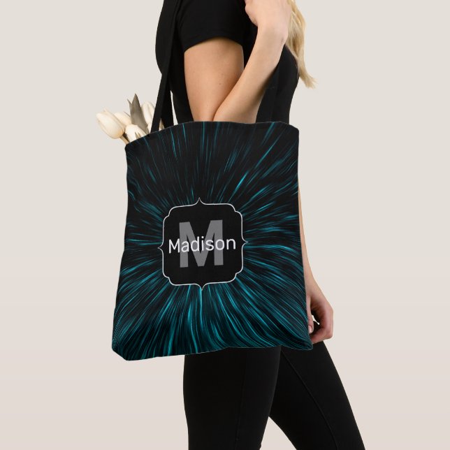 Tote Bag Cool Bleu noir Hypergalaxie Ligne Abstraite Monogr (De près)