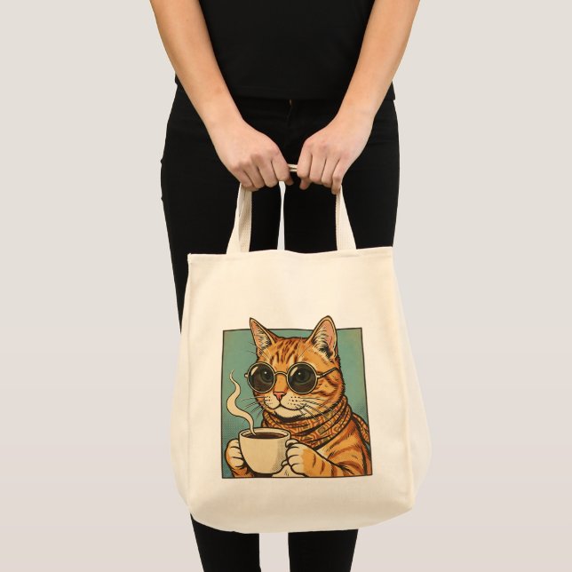 Tote Bag Cool Cat Coffee Retro Style Design for Cat Lovers (Devant (produit))