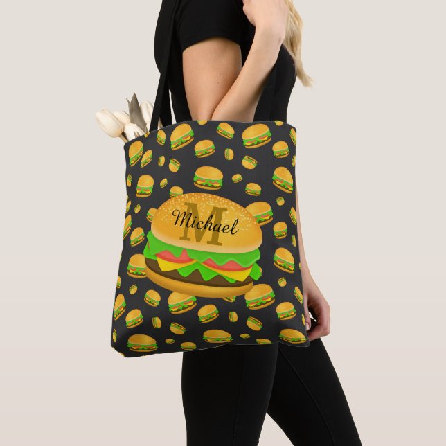 Tote Bag Cool et amusant yummy burger motif Monogramme (De près)