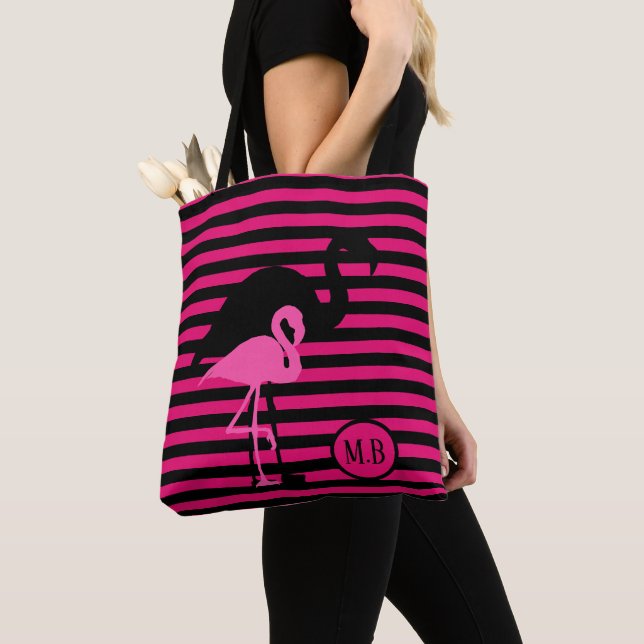 Tote Bag Cool Flamant rose noir et rose rayures Monogramme (De près)