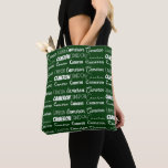 Tote Bag Cool Green Customized Name Collage<br><div class="desc">A cool personalized green allover tote bag gift for decorated in nine different fonts spelling your name in white typography. Cute customizable present for with fun cursive script.</div>