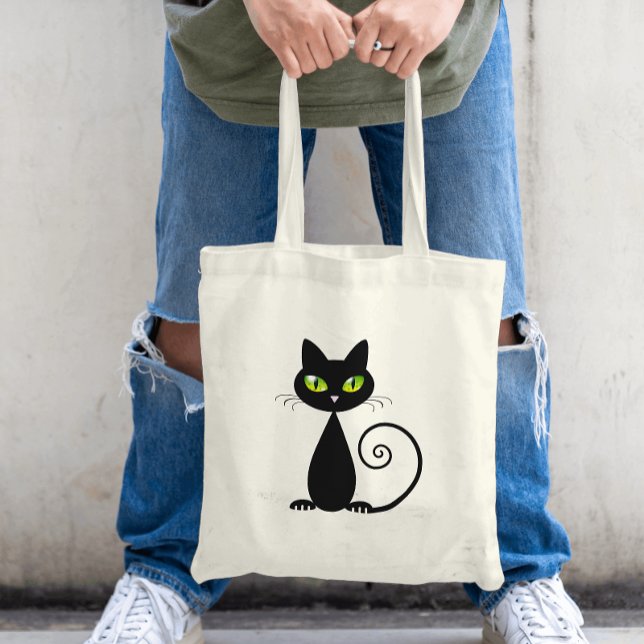 Tote Bag Cool mignon assise Chat noir avec yeux verts (Créateur téléchargé)