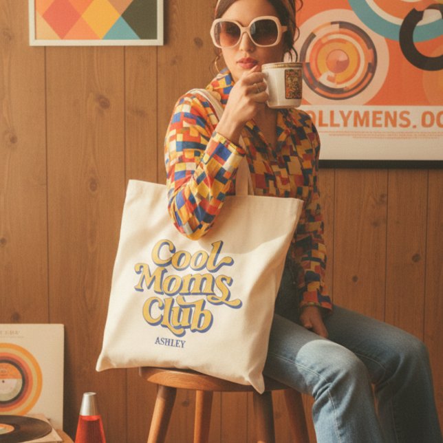 Tote Bag Cool Moms Club Retro Yellow and Blue Typography (Créateur téléchargé)