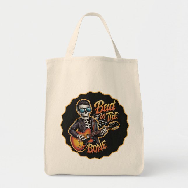 Tote Bag Cool Skeleton Bad to the Bone avec guitare (Devant)