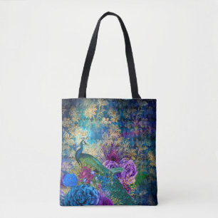 Tote Bag Coq couronné sur la flore violette bleue