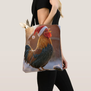 Tote Bag Coq de Noël portant un chapeau de Père Noël